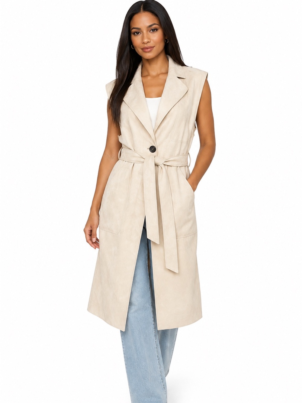 Zara Faux Suede Sleeveless Trench Vest Belted Longline XS ❤️
